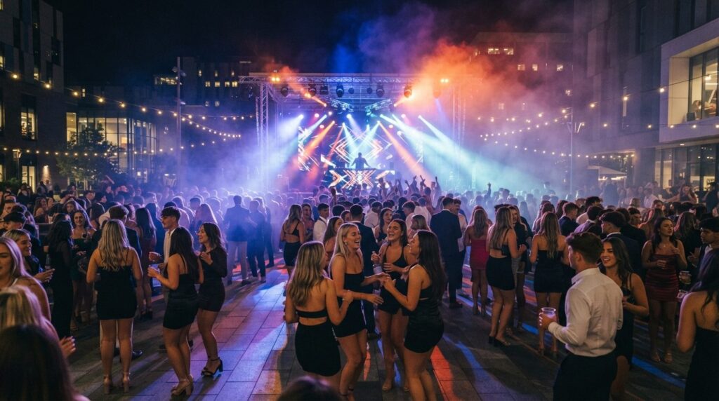 Wide-angle shot of an outdoor student celebration with sophi