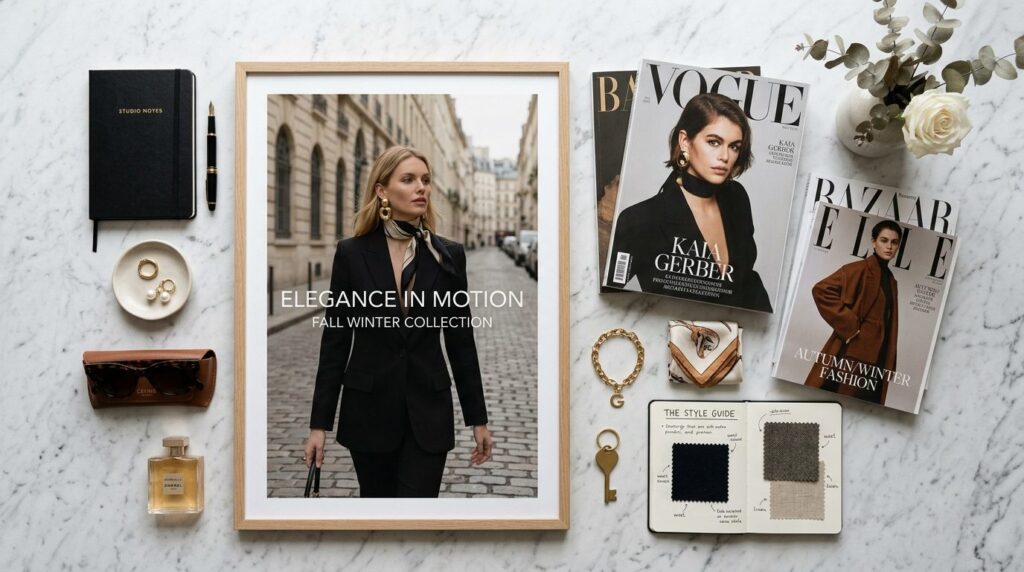 Flat lay overhead shot of a mood board composition featuring
