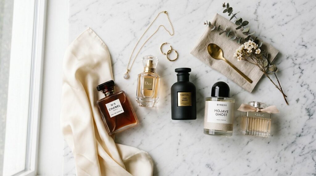 Flat lay luxury fragrance still life, multiple perfume bottl