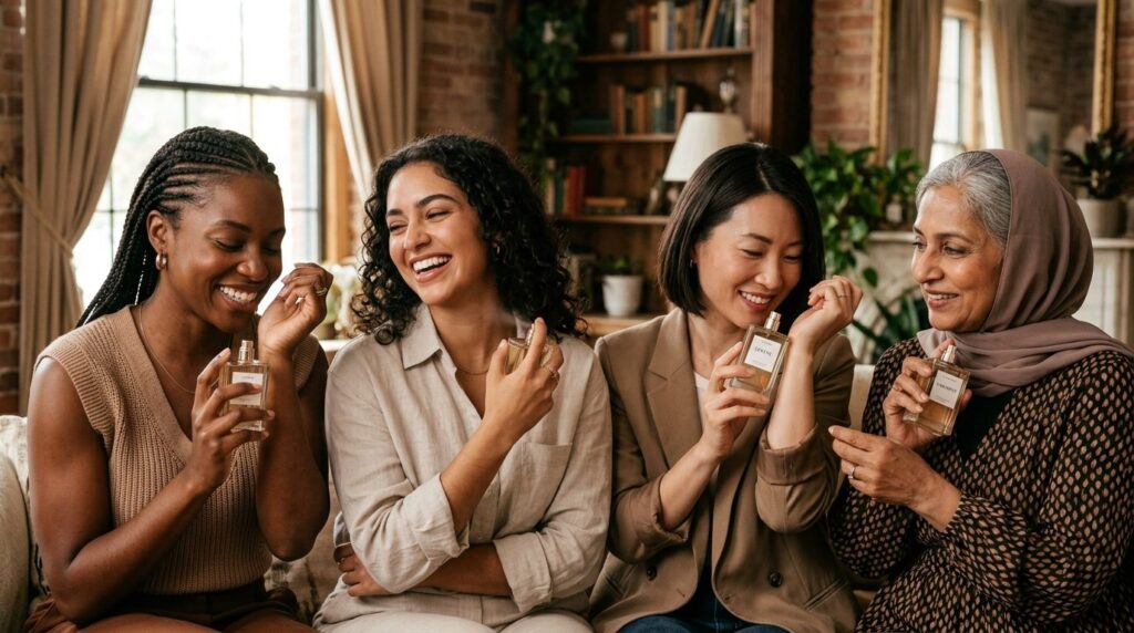 Diverse group of people holding perfume bottles near their s
