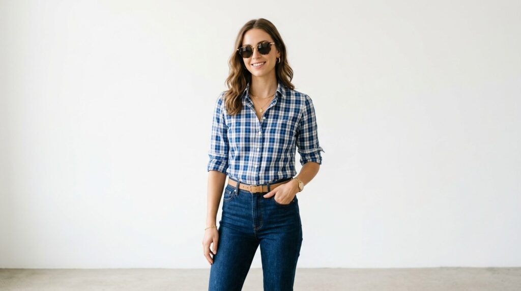 Fashion lifestyle portrait of a stylish woman wearing a fitt