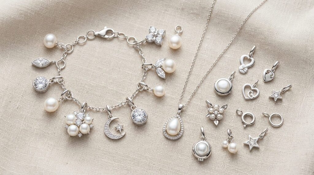 Close-up flat lay of modular charm jewelry pieces arranged a
