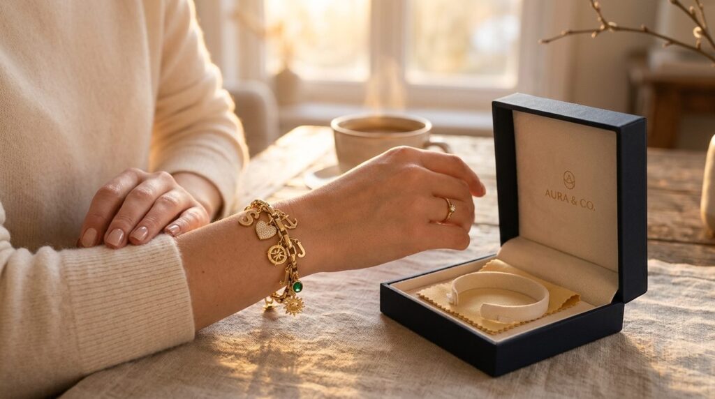 Styled lifestyle image of a womans wrist wearing a customiz