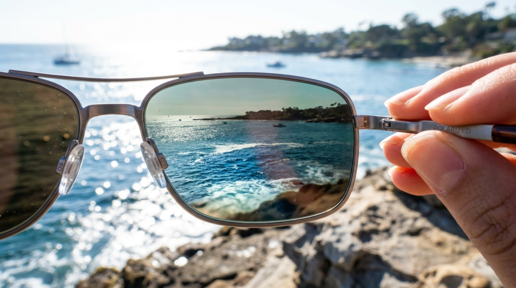 Close-up detail shot of polarized sunglasses lens showing op