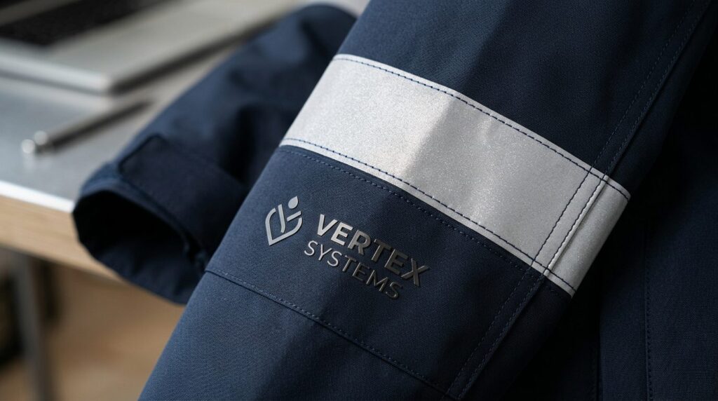 Close-up detail shot of high-visibility branded reflector st