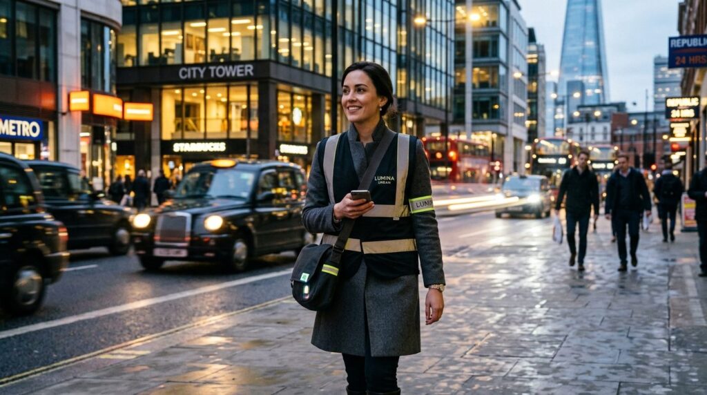 Urban professional wearing branded safety reflector accessor