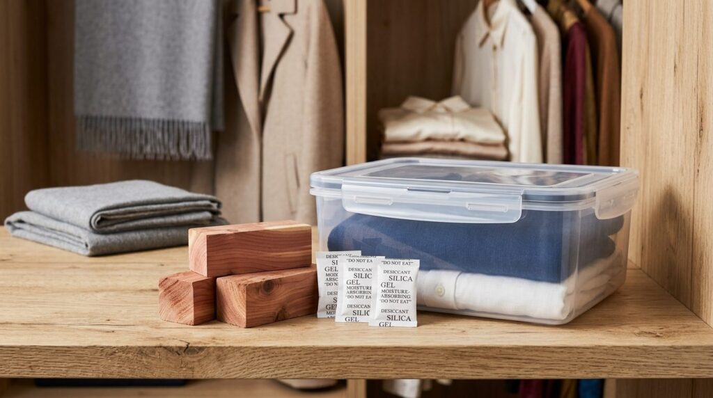Close-up product photography: Protective garment storage sol