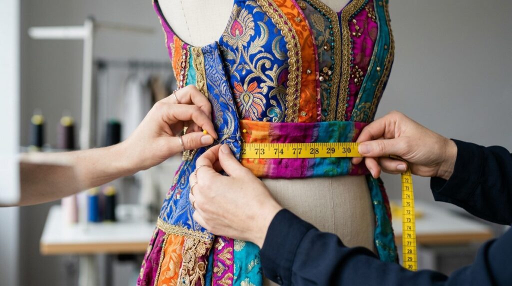 Close-up detail shot of costume fitting techniques, hands ad