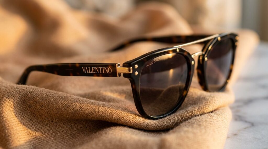Close-up detail shot of designer sunglasses with visible bra