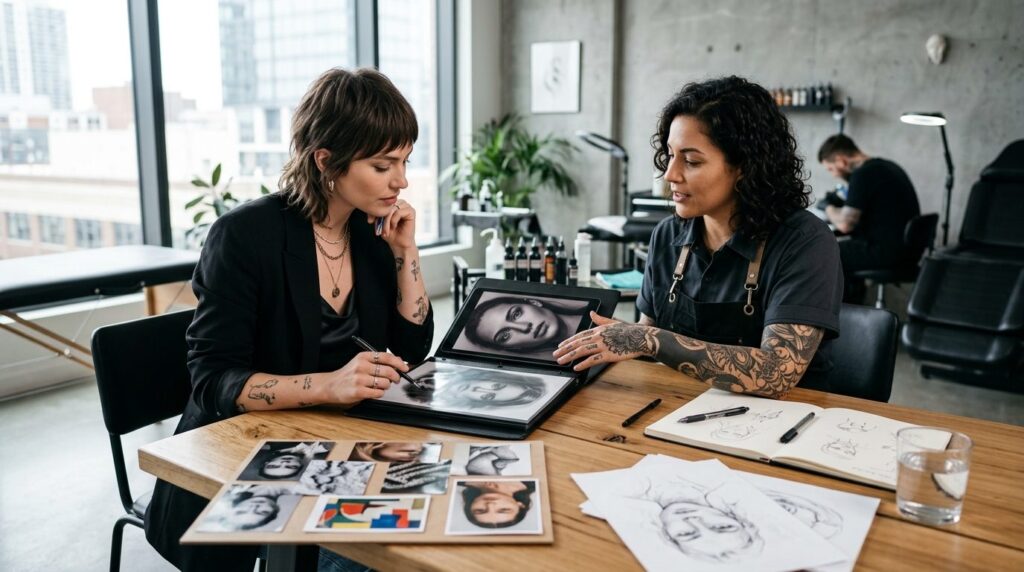 Fashion-forward client consulting with experienced tattoo ar