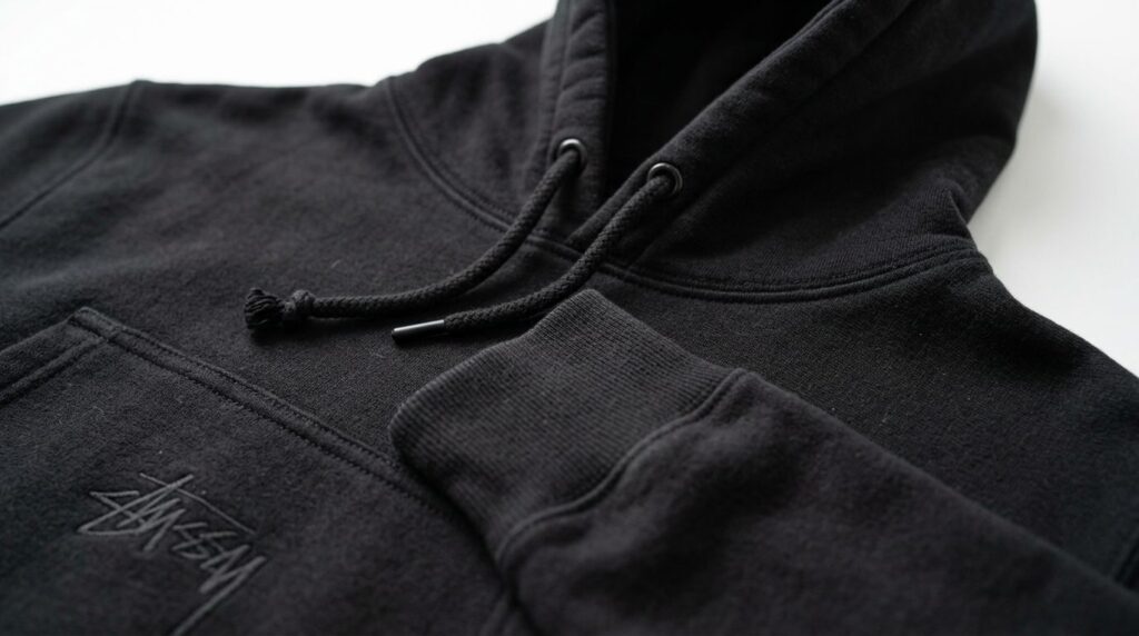 Close-up detail shot of black Stüssy hoodie fabric texture a