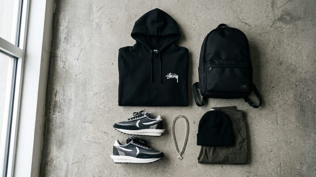 Urban street style flat lay composition featuring black Stüs